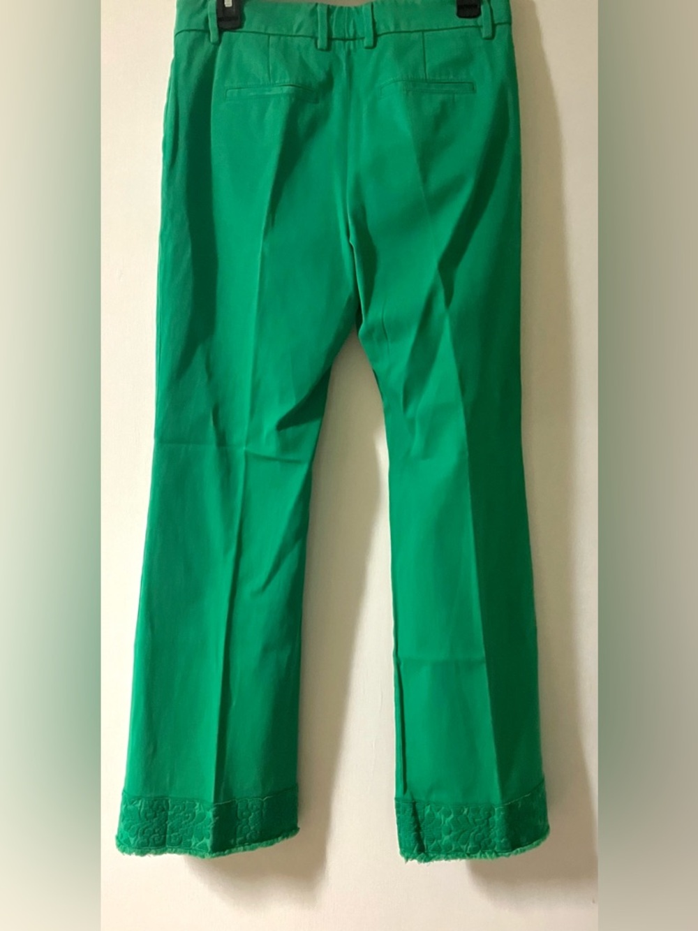 Soft Cotton Green Straight Leg Trouser Pants with Embroidered Hem: Size 6 - Picture 7 of 8